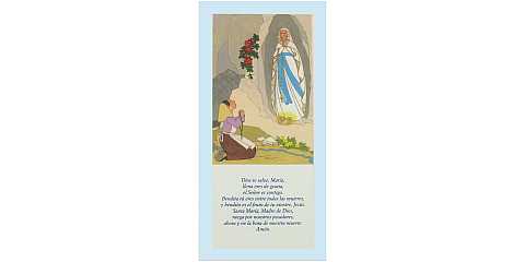 Tavola Lourdes con preghiera Ave Maria in spagnolo su legno azzurro - 26 x 12,5 cm   