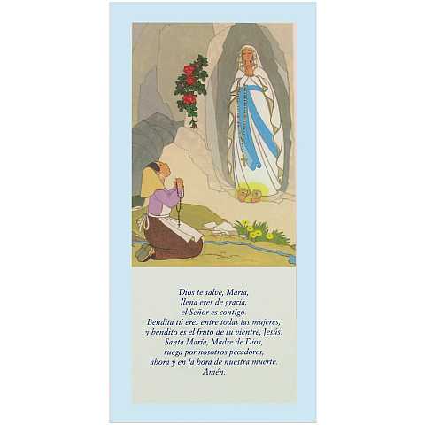 Tavola Lourdes con preghiera Ave Maria in spagnolo su legno azzurro - 26 x 12,5 cm   