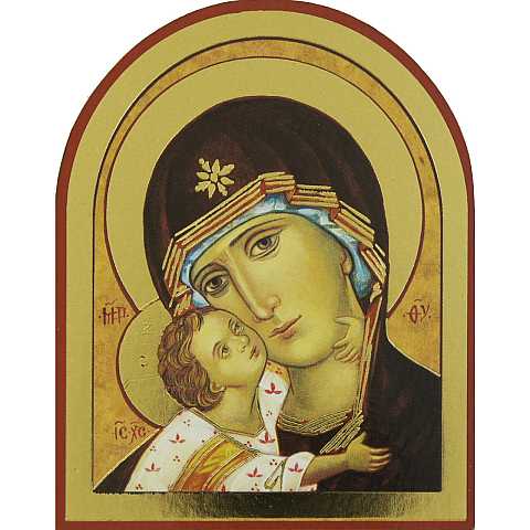 Quadro Madonna della Tenerezza con manto nero stampa su legno ad arco - 10 x 7,5 cm