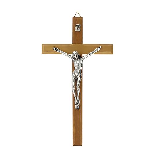 Crocifisso da Parete in Legno d'Ulivo con Cristo in Metallo Ossidato, Crocifisso da Appendere al Muro, Modello Classico Semplice, 20 Cm