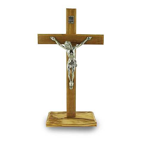Crocifisso da Tavolo con Base, Legno d'Ulivo, Cristo in Metallo Ossidato, Altezza Croce 19 Centimetri