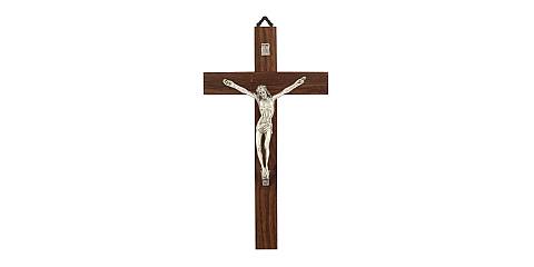 Crocifisso Tradizionale da Parete, Croce in Legno di Noce e Corpo di Cristo in Metallo, 20 Cm
