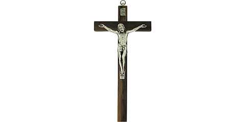 Crocifisso Tradizionale da Parete, Croce in Legno di Noce e Corpo di Cristo in Metallo, 30 Cm