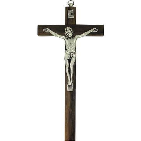 Crocifisso da Parete in Legno d'Ulivo con Cristo in Metallo Ossidato, Crocifisso da Appendere al Muro, Modello Classico Semplice, 17 Cm