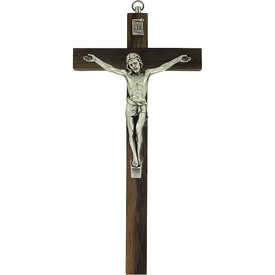 Crocifisso Tradizionale da Parete, Croce in Legno di Noce e Corpo di Cristo in Metallo, 30 Cm