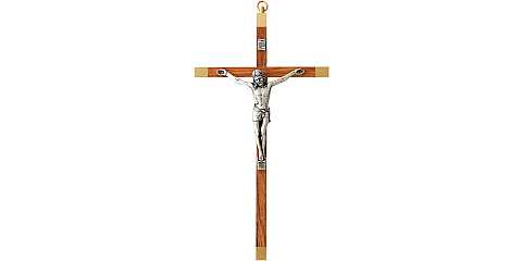Crocifisso da parete in legno di ulivo con Cristo in metallo argentato - 23 cm