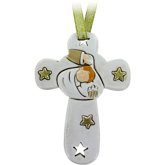 Bomboniera battesimo: Croce in resina bianca con stelle - 8,5 cm