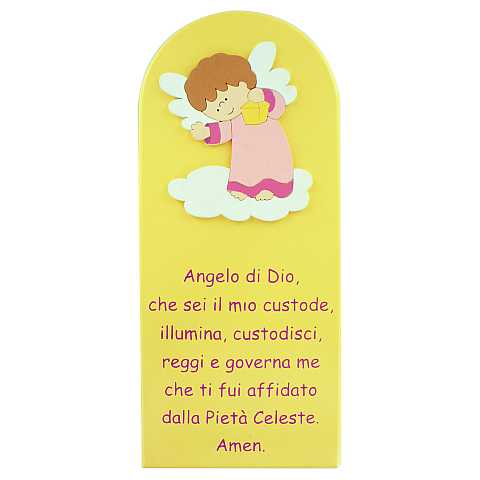 Quadro Angelo di Dio in legno colorato giallo con angelo rosa - 28 x 12 cm	