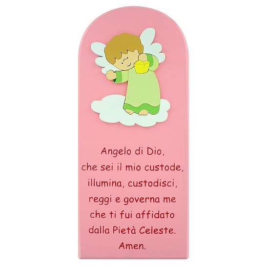 Pala Angelo di Dio in legno colorato rosa con angelo verde cm 28x12