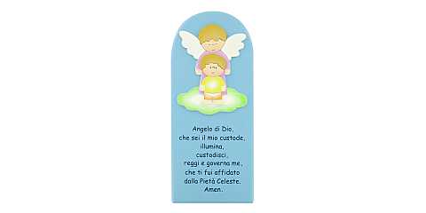 Quadretto da Parete con Preghiera Angelo di Dio per Bambino, Legno, Azzurro, 28 x 12 Centimetri