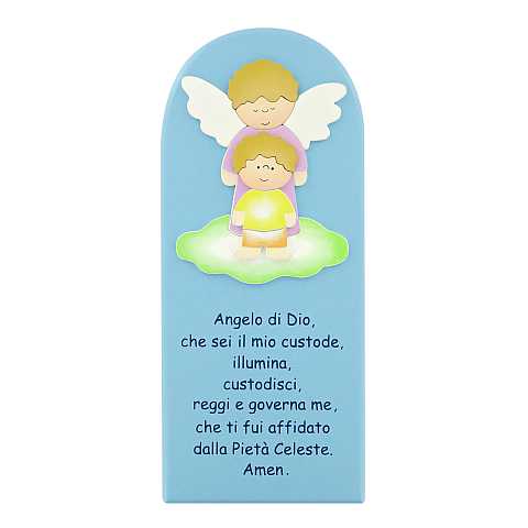 Quadretto da Parete con Preghiera Angelo di Dio per Bambino, Legno, Azzurro, 28 x 12 Centimetri