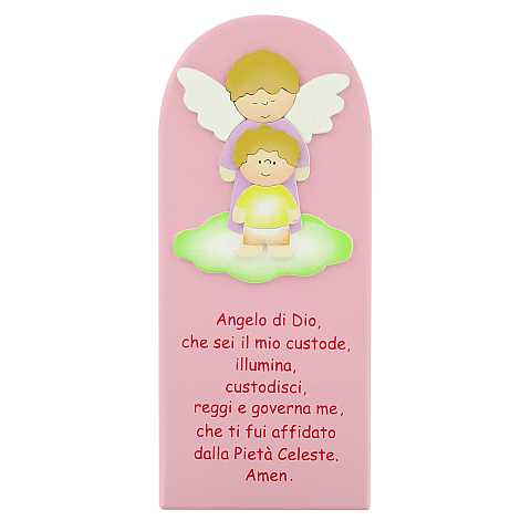 Quadro con Angelo di Dio in legno colorato rosa - 28 x 12 cm