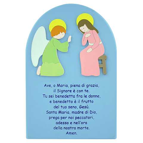 Quadro Annunciazione con preghiera dell'Ave Maria in italiano su legno colore azzurro - 24 x 16 cm