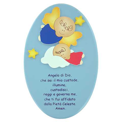 Quadro con Angelo di Dio in legno colorato azzurro - 23 x 14 cm - ovale