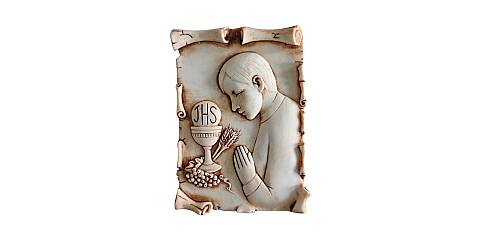 Bomboniera Comunione bambino: Quadretto tipo pergamena in resina patinata - 10 x 7 cm