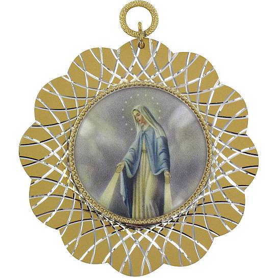 STOCK: Sopraculla Madonna Miracolosa in alluminio dorato - Ø 7 cm