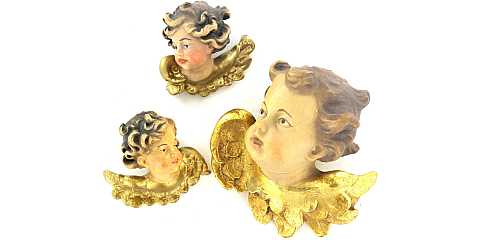 Coppia testine angeli in legno di acero dipinto a mano con finiture in oro zecchino - 7 cm
