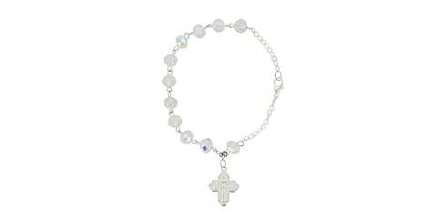 Braccialetto rosario con 11 grani in cristallo di colore bianco e croce
