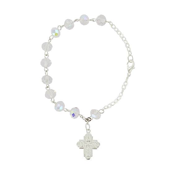 Braccialetto rosario con 11 grani in cristallo di colore bianco e croce
