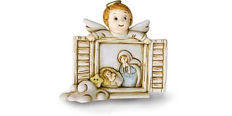 Quadretto soprammobile/per scrivania Angioletto e Madonna con Bambino, in resina beige (8 x 7,5 x 1,5 cm)