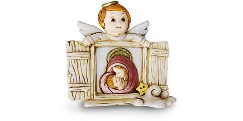 Quadretto soprammobile/per scrivania Angioletto e Madonna con Bambino, in resina beige (8 x 7,5 x 2 cm)