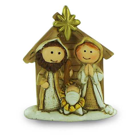 Natività in resina colorata, decorazione natalizia/soprammobile, Sacra Famiglia con capanna e angelo, 4 x 5 cm
