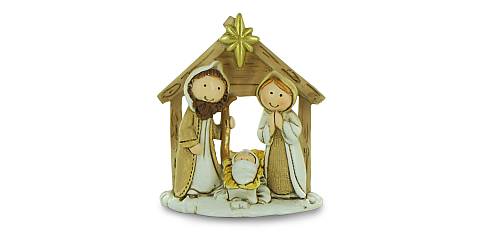 Natività in resina colorata, decorazione natalizia/soprammobile, Sacra Famiglia con capanna e angelo, 6,5 x 7,5 cm