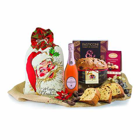 Confezione Regalo ''Santa Claus Panettone'', Sacco di Babbo Natale con Specialità Gastronomiche Natalizie Gourmet