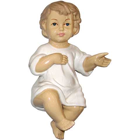 Statua Gesù Bambino Sdraiato Con Occhi Aperti Per Presepe Scenografico, Ceramica Lucida, 17 Centimetri