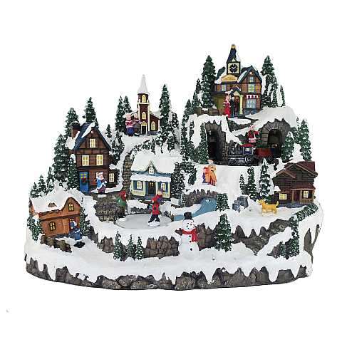 Villaggio natalizio su montagna con treno e pista di pattinaggio in movimento, luci, musica (31 x 37,5 x 28,5 cm)