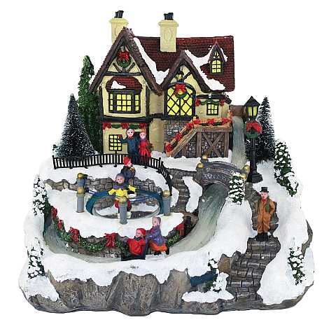 Villaggio natalizio con casa e ruscello, movimento, luci, musica (29 x 26 x 26,5 cm)