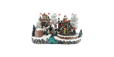 Villaggio natalizio con giostra decorata e pista da bob, con movimento, luci, musica (41 x 25 x 32 cm)
