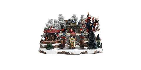 Villaggio natalizio con parco divertimenti e castello, 3 giostre con movimento, luci, musica (47 x 33 x 39 cm)