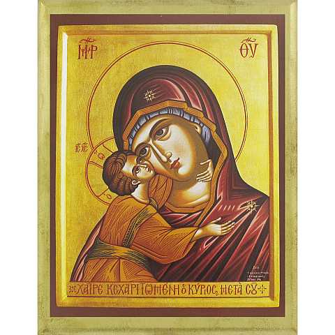 STOCK: Tavola Madonna della Tenerezza con manto rosso stampa su legno - 10 x 6,5 cm 