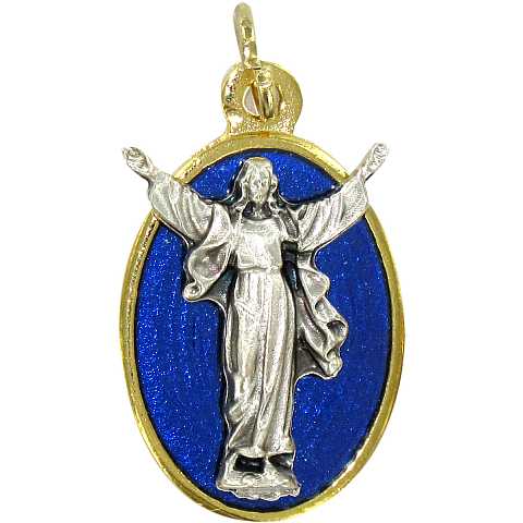 STOCK: Medaglia Cristo risorto ovale in metallo dorato con smalto blu - 2,2 cm