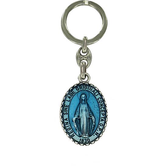 STOCK Portachiavi Madonna Miracolosa ovale in metallo con smalto azzurro - 4 cm