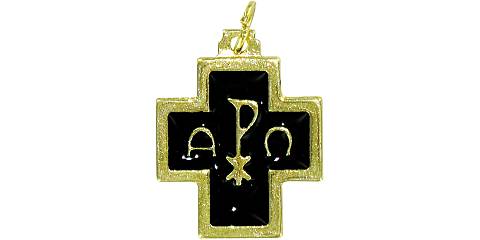 STOCK: Croce alfa e omega metallo dorato con smalto nero - 2 cm