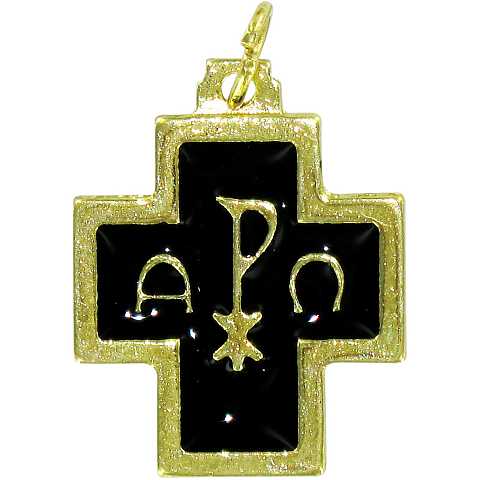 STOCK: Croce alfa e omega metallo dorato con smalto nero - 2 cm