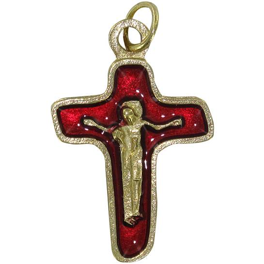 STOCK: Croce in metallo dorato con Cristo e smalto rosso - 2,6 cm