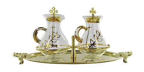 Ampolline vetro decorate con vassoio dorato con piedini