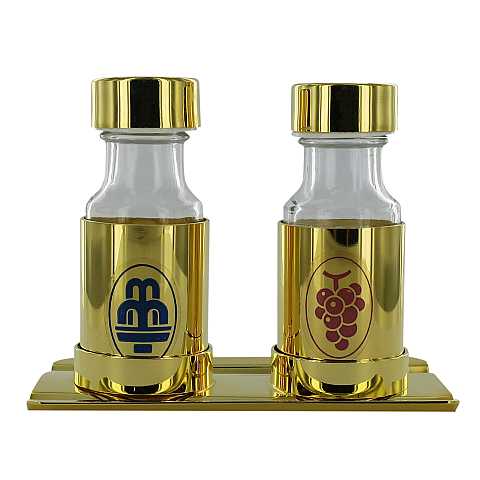 Set Ampolline Liturgiche e Vassoio per Messa, Vetro Trasparente e Ottone Color Oro, 50 Cc