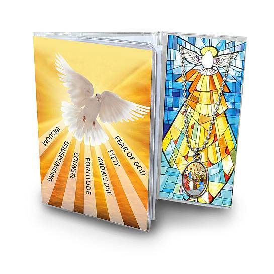 Bomboniera Cresima: Libretto ricordo della Confermazione con medaglia dello Spirito Santo, testi in inglese