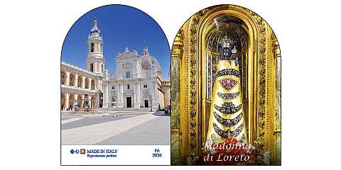 Immagine doppia Santuario e Madonna di Loreto a forma di cupola cm 4,6 x 6,9