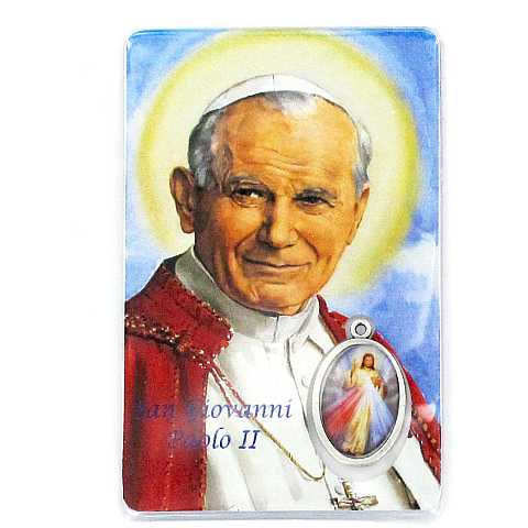 Card  San Giovanni Paolo II con medaglia resinata GesÃ¹ Misericordioso cm 5,5 x 8,5