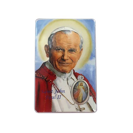 Card  San Giovanni Paolo II con medaglia resinata Gesù Misericordioso cm 5,5 x 8,5 - Inglese