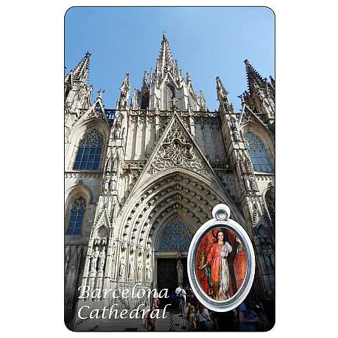 Card Cattedrale di Barcelona con medaglia resinata di Santa Eulalia - 5,5 x 8,5 cm - in inglese