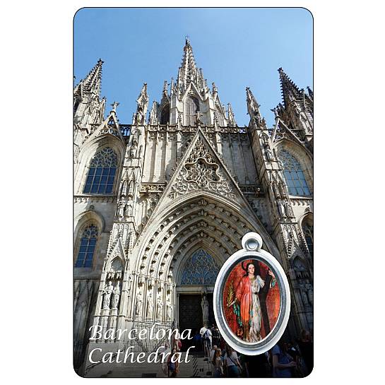 Card Cattedrale di Barcelona con medaglia resinata di Santa Eulalia - 5,5 x 8,5 cm - in inglese