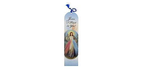 Segnalibro di Gesù Misericordioso / Divina Misericordia a forma di cupola con fiocchetto blu - 5,5 x 22,5 cm - inglese