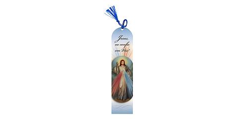 Segnalibro di Gesù Misericordioso / Divina Misericordia a forma di cupola con fiocchetto blu - 5,5 x 22,5 cm - portoghese