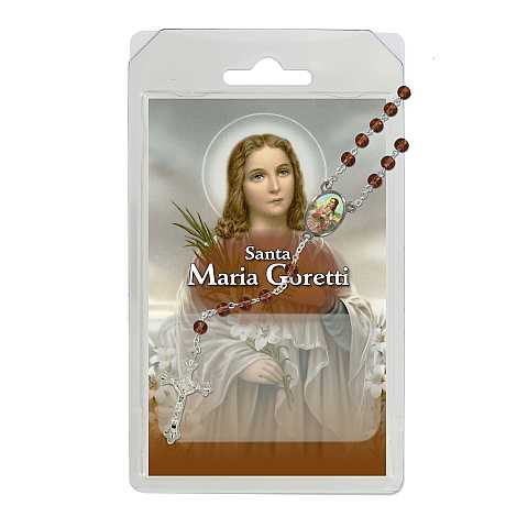 Rosario di Santa Maria Goretti in semicristallo marrone, in blister trasparente con preghiera in italiano